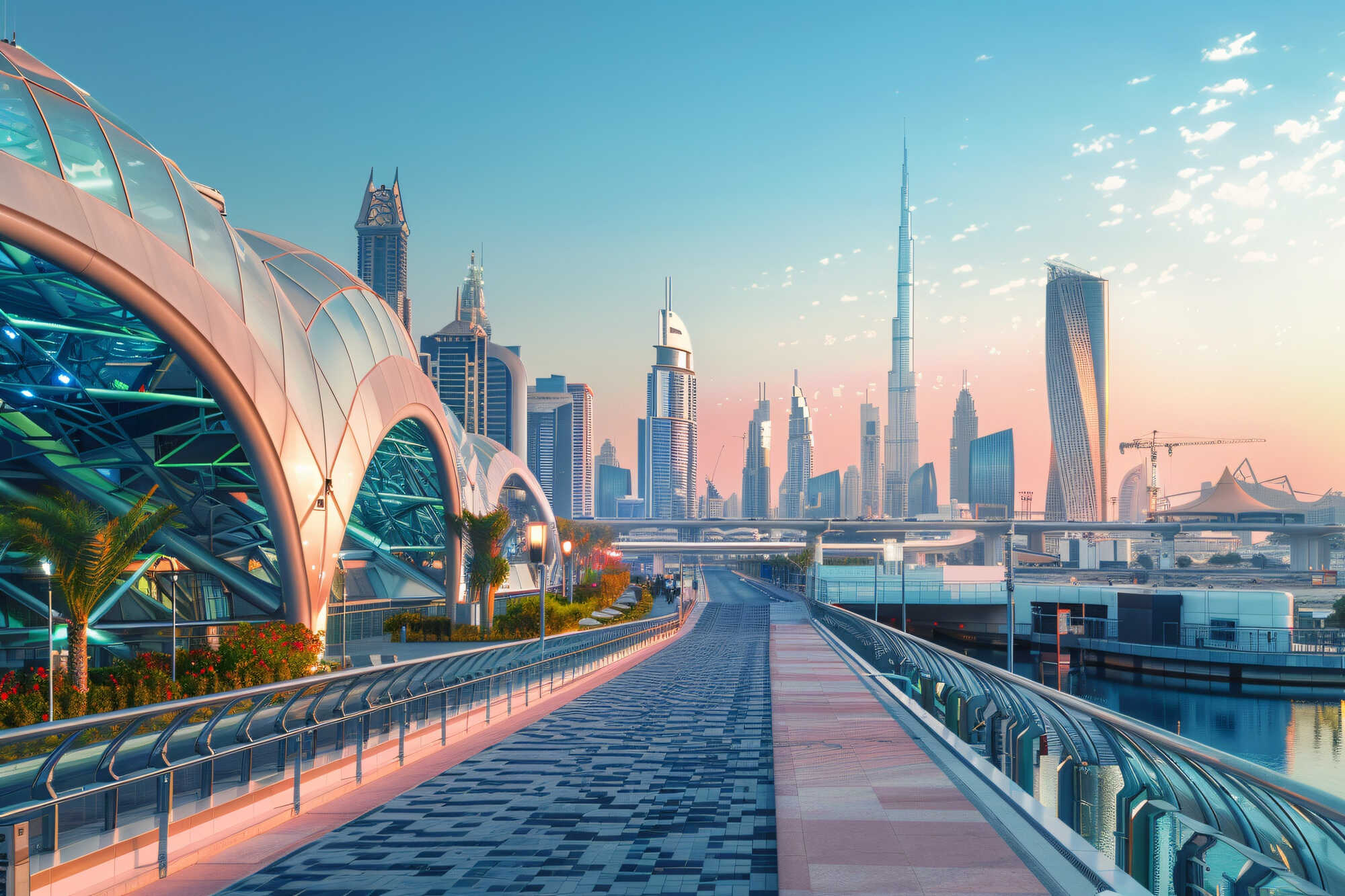 Dubai skyline and metro walkway at sunrise